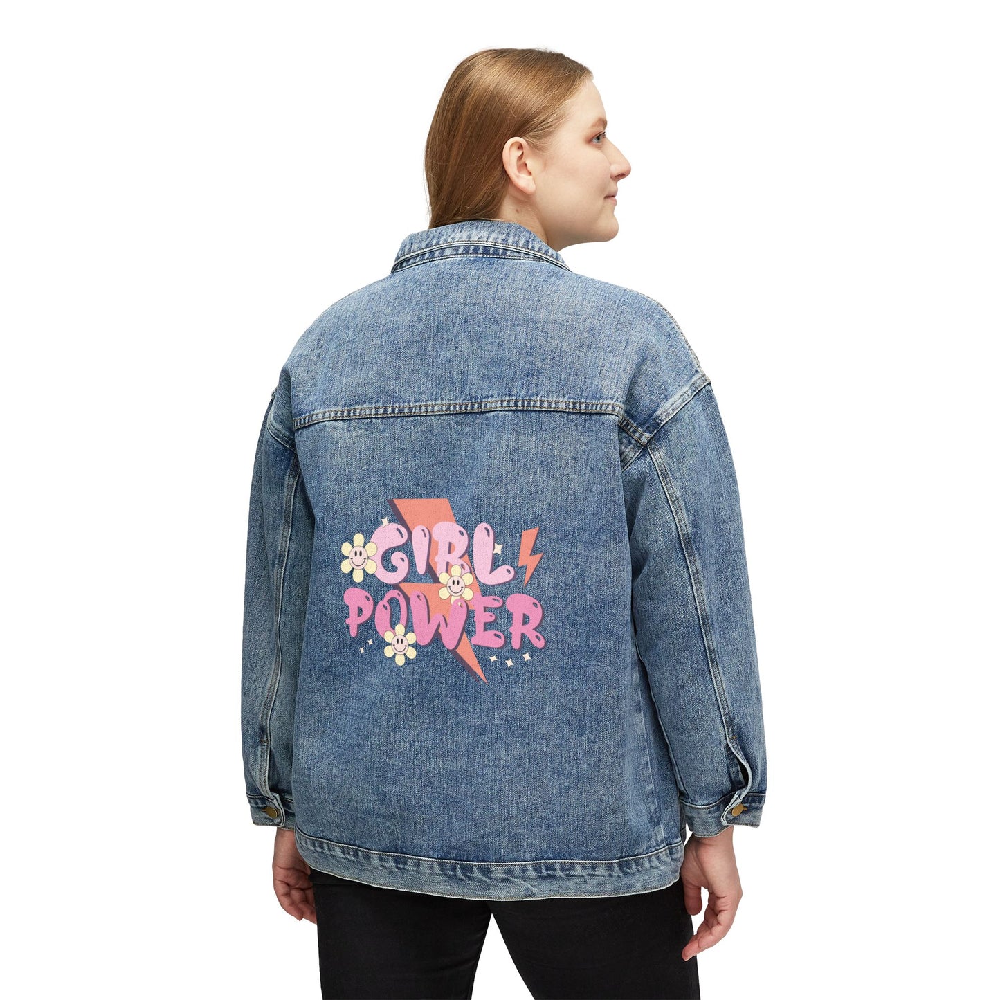 Women's Denim Jacket — 'Girl Power' Retro Lightning Floral Backprint