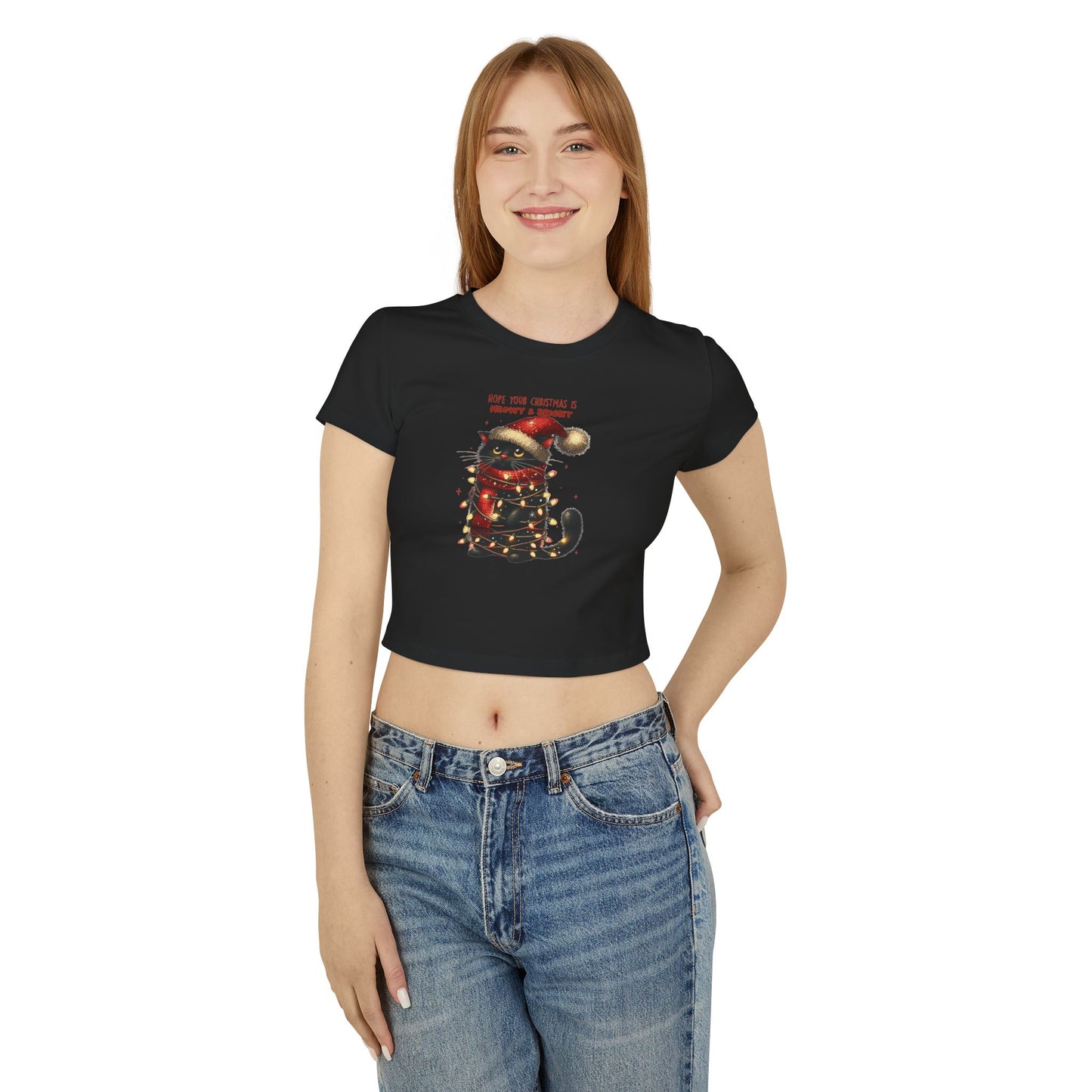 Women's Baby Tee Hope Your Christmas Meowy & Bright