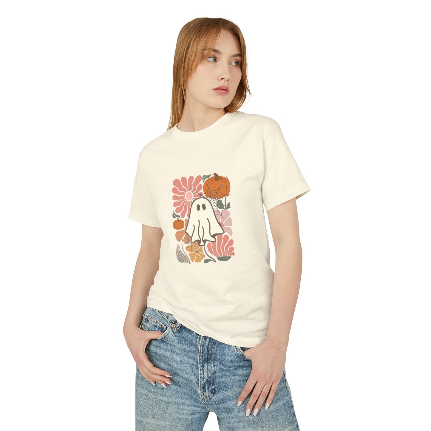 Camiseta unisex de algodón teñido en prenda con diseño de fantasmas y flores