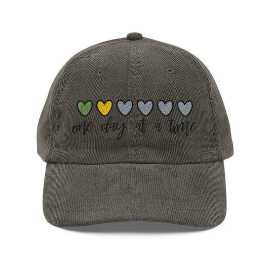 Corduroy Baseball Cap — Embroidered Hearts & “one day at a time” Vintage Dad Hat