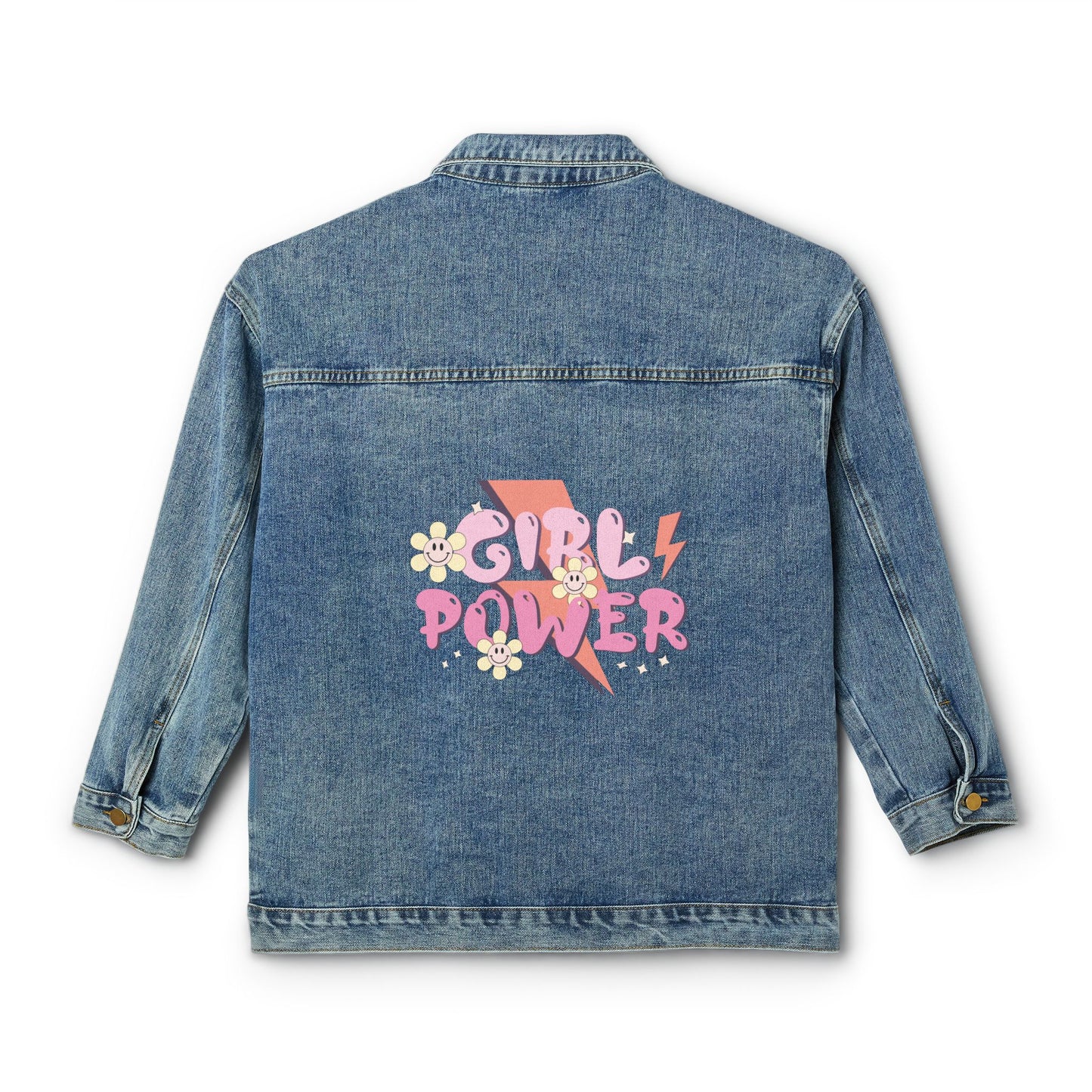 Women's Denim Jacket — 'Girl Power' Retro Lightning Floral Backprint