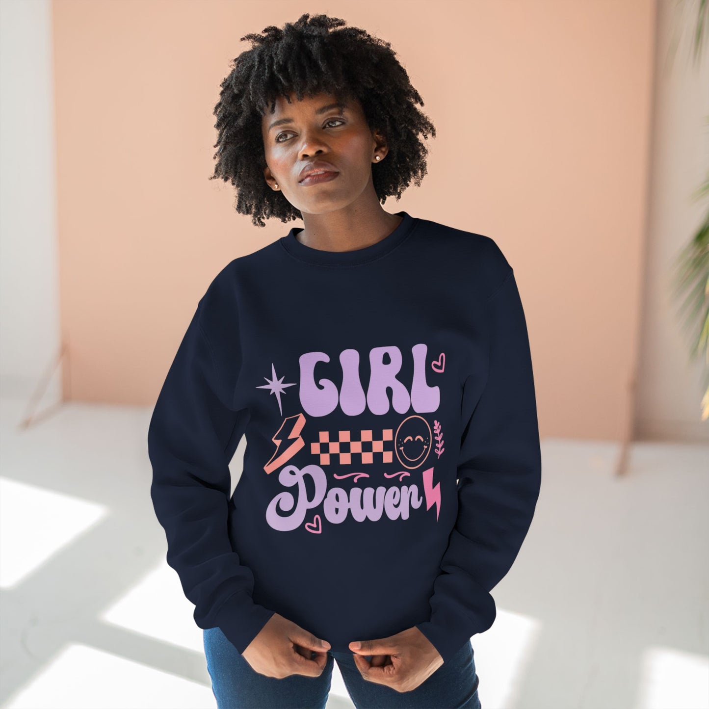 Girl Power Crewneck Sweatshirt — Retro Pastel Feminist Graphic