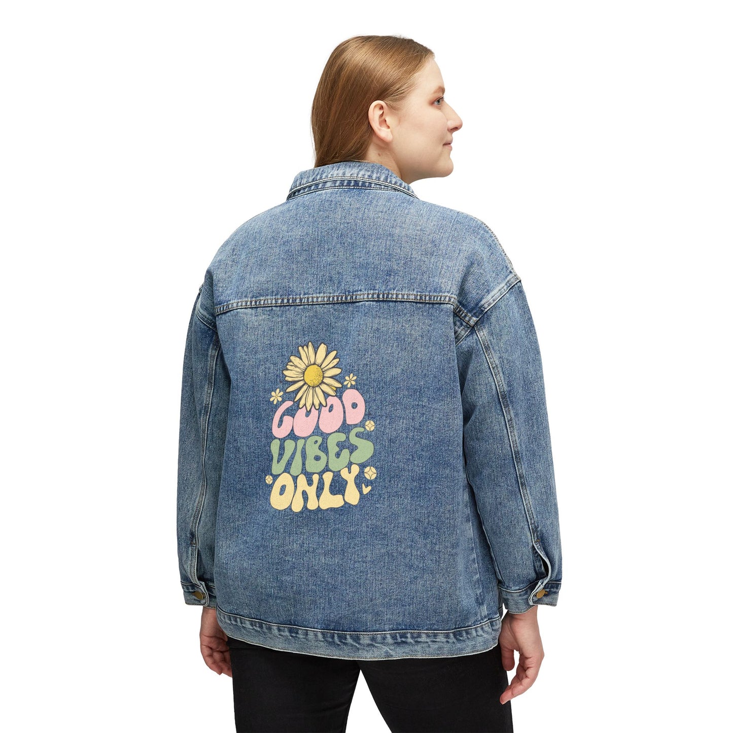 Good Vibes Denim Jacket — Women's Retro Lightning Graphic Jean Jacket