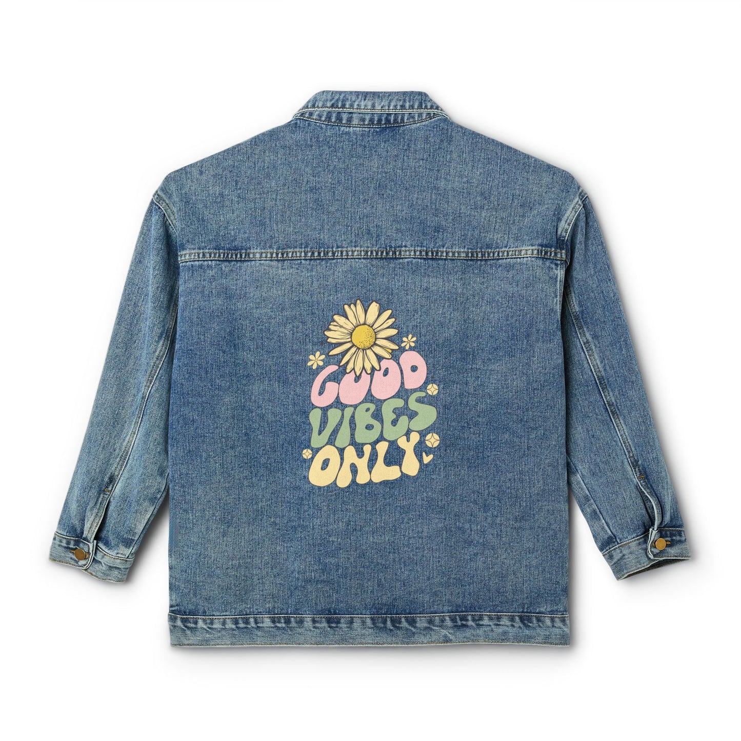 Good Vibes Denim Jacket — Women's Retro Lightning Graphic Jean Jacket