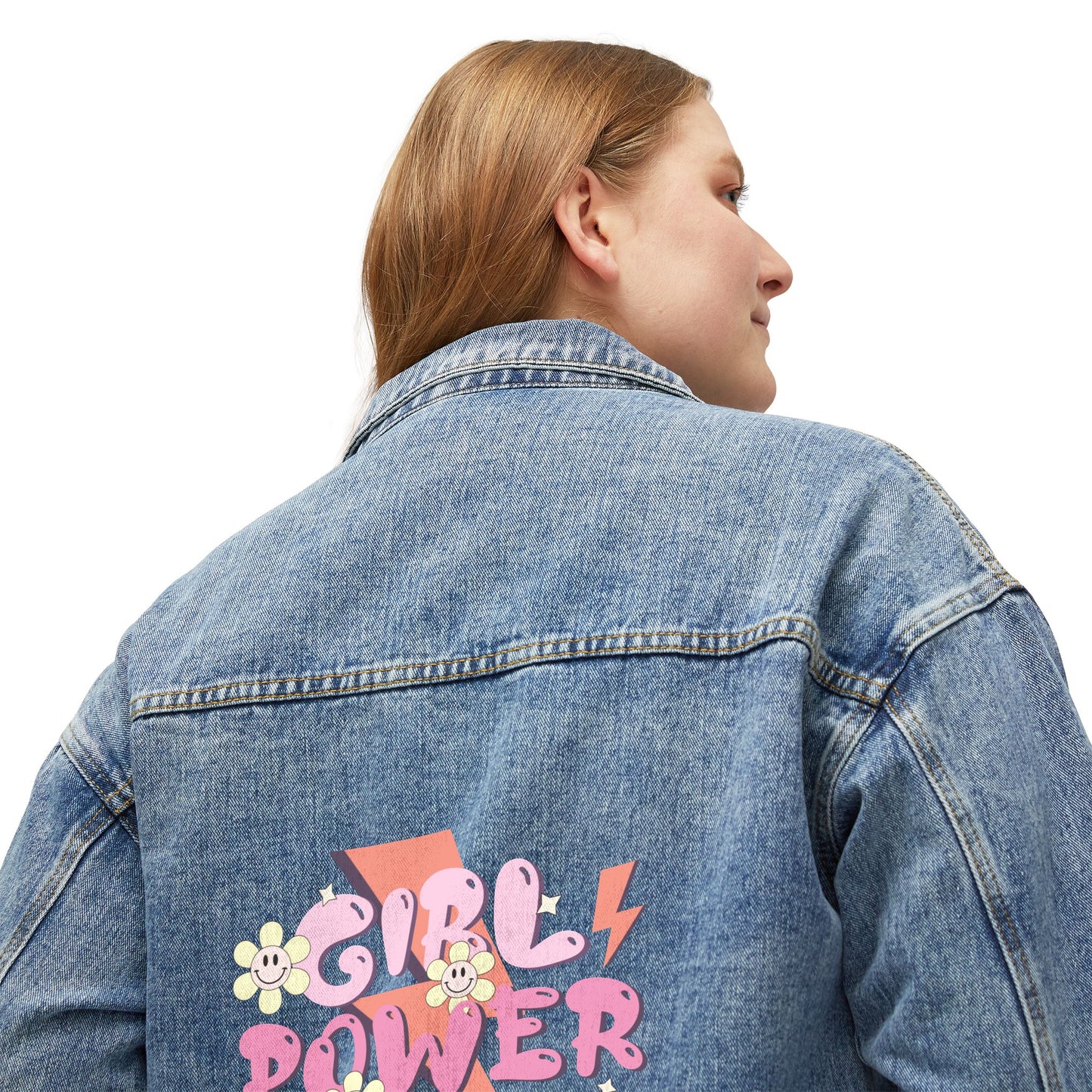 Women's Denim Jacket — 'Girl Power' Retro Lightning Floral Backprint