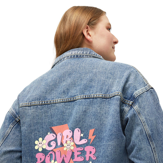 Women's Denim Jacket — 'Girl Power' Retro Lightning Floral Backprint