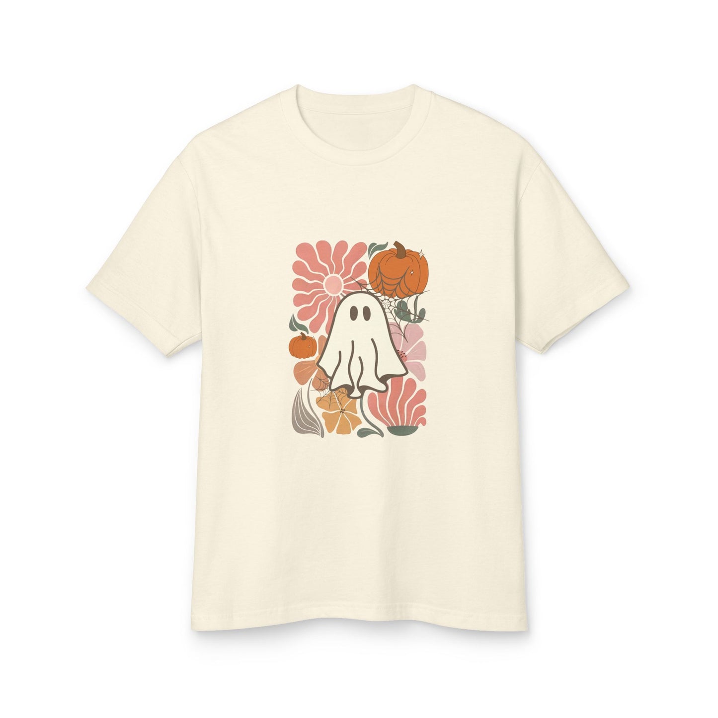 Camiseta unisex de algodón teñido en prenda con diseño de fantasmas y flores