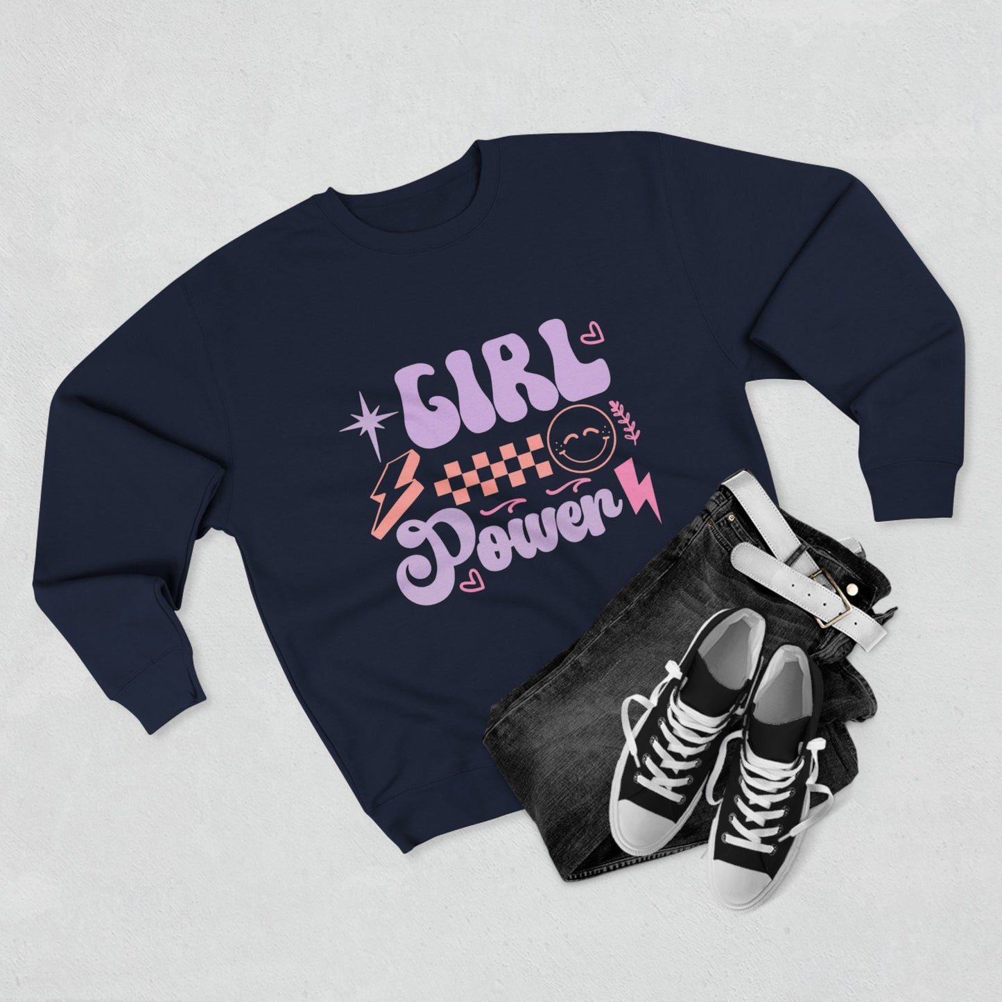 Girl Power Crewneck Sweatshirt — Retro Pastel Feminist Graphic